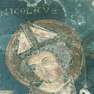 Bemaltes Altarretabel aus Sandstein, Detail, Kopf Nikolaus