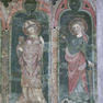 Bemaltes Altarretabel aus Sandstein, Detail, Nikolaus und Katharina