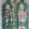 Bemaltes Altarretabel aus Sandstein, Detail, Maria Magdalena und Martin