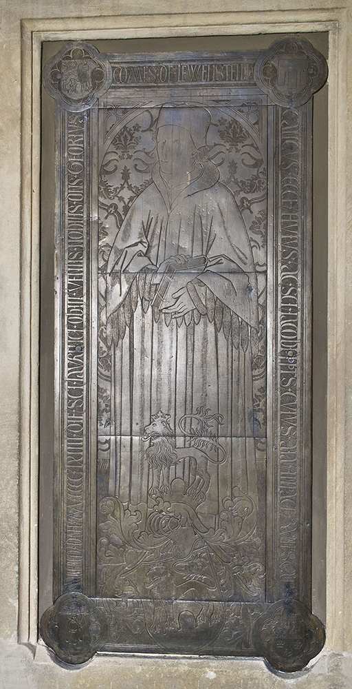 Figurale Metallplatte mit Sterbevermerk für den Domherrn Georg Graf von Löwenstein