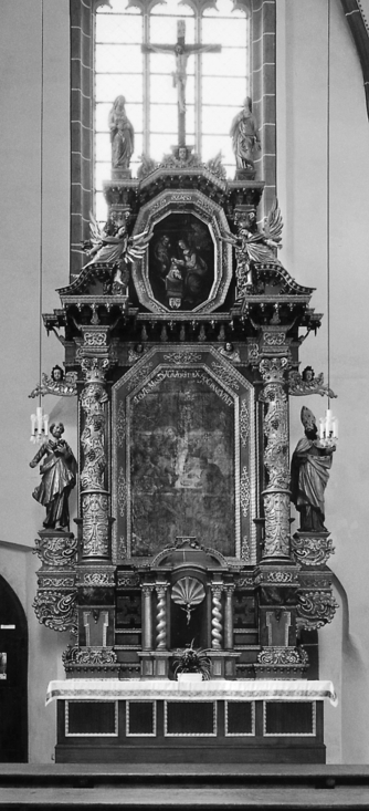 Bild zur Katalognummer 422: Zweigeschossiger barocker Nebenaltar der Karmeliterkirche Boppard  (aus St. Severus) mit inschriftenträgendem Altarbild