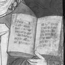 Tafelbild mit den vier Kirchenvätern, Detail mit Inschrift im Buch des. hl. Ambrosius