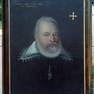 Namensbeischrift auf einem Gemälde, das ein Brustbild Graf Georgs III. von Erbach zeigt. 