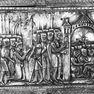 Dom, Karlsschrein (nach 1182-1215), Dachrelief: Gott bezeichnet die todgeweihten Krieger