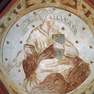 Gerahmtes Medaillon mit dem Evangelisten Lukas im Rippengewölbe des gotischen Rechteckchores.