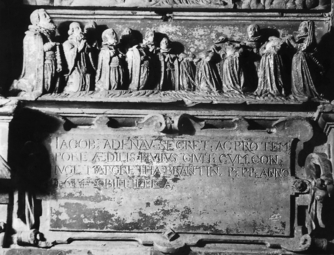 Bild zur Katalognummer 316: Rollwerkartusche mit Inschrift, darüber Beterreihe aus dem Epitaph für das Ehepaar Jakob Adenau und Margretha Brant