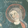 Bemaltes Altarretabel aus Sandstein, Detail, Kopf Katharina