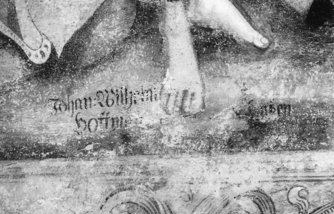 Bild zur Katalognummer 379: Fragmentarische Inschrift in der Wandmalerei mit der Darstellung der Pfeilmarter des hl. Sebastian