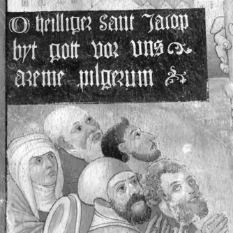 Bild zur Katalognummer 179: Nahaufname der Fürbittinschrift aus der Wandmalerei des hl. Jakobus