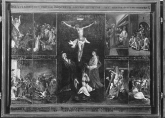 Bild zur Katalognummer 383: Mittlerer Teil eines dreiflügeligen Altarretabels mit Szenen aus der Passion und der Verherrlichung Christi