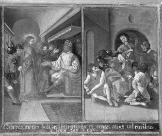 Bild zur Katalognummer 383: Vorführung vor Pilatus und Verspottung Christi auf dem mittleren Teil eines dreiflügeligen Altarretabels mit Szenen aus der Passion und der Verherrlichung Christi