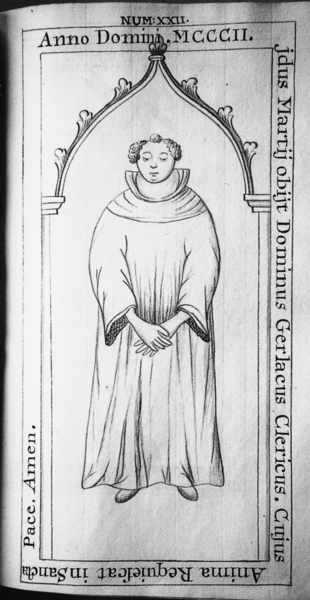 Bild zur Katalognummer 20: Nachzeichnung von d'Hame der Grabplatte des Geistlichen Gerlach aus der Klosterkirche Marienberg