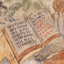 Bildbeischrift zur Wandmalerei mit Darstellung des Hl. Hieronymus und eines liegenden (toten) Klerikers zu seinen Füßen