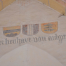 Stifterinschrift des Lienhard von Aichberg unter drei Wappenschilden, Wandmalerei