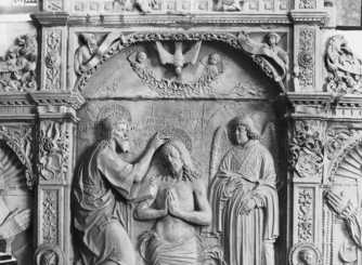 Bild zur Katalognummer 196: Oberer Teil der überhöhte Mittelnische des Epitaphs für das Ehepaars Johannes d. J. von Eltz und Maria von Breitbach