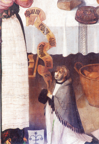 Bild zur Katalognummer 151: kniender Stifter mit Fürbitte aus dem dreiflügeligen Altarretabel mit dem Gastmahl Christi bei den Schwestern Martha und Maria (von Bethanien)